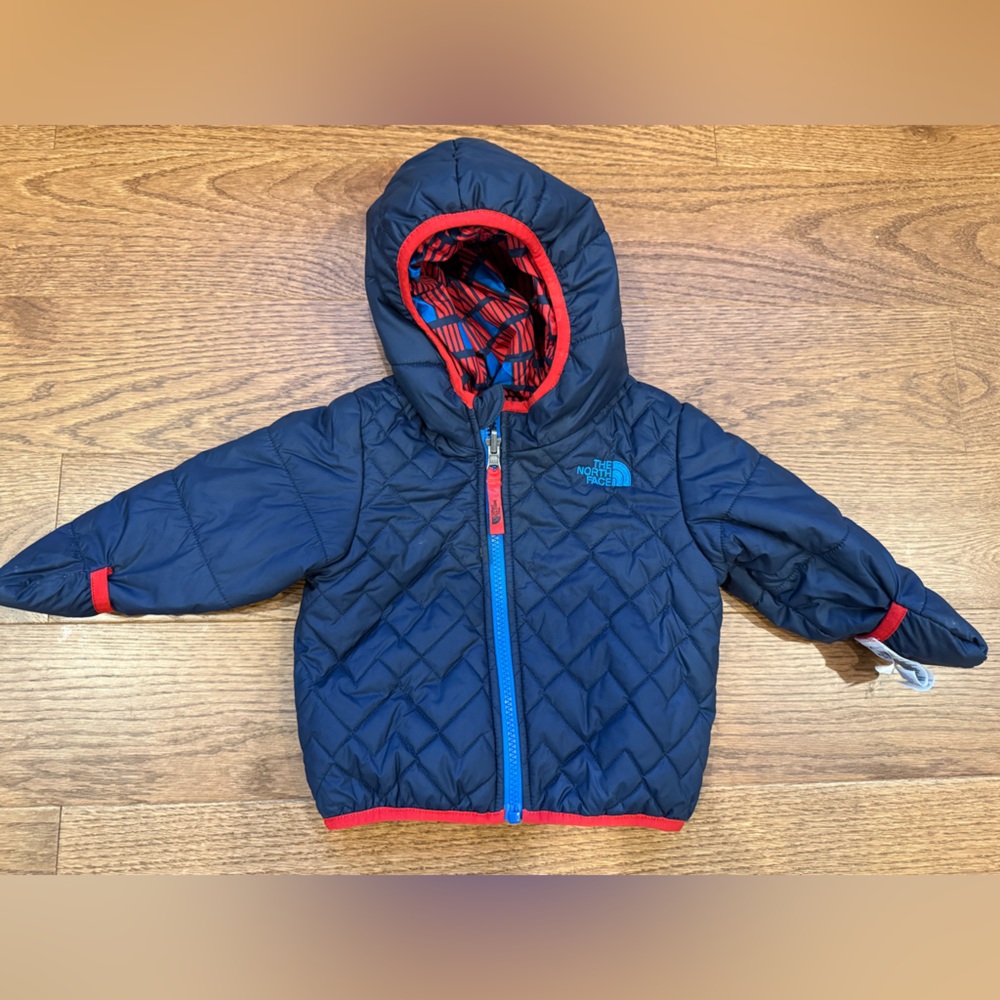 Infant The North Face Navy Puffer Jacket with Red Trim